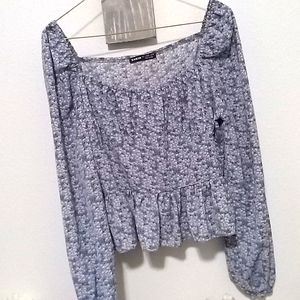 Floral print long sleeve crop top blouse